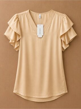 Vimpunec Light Beige V-Neck Flutter Sleeve Blouse